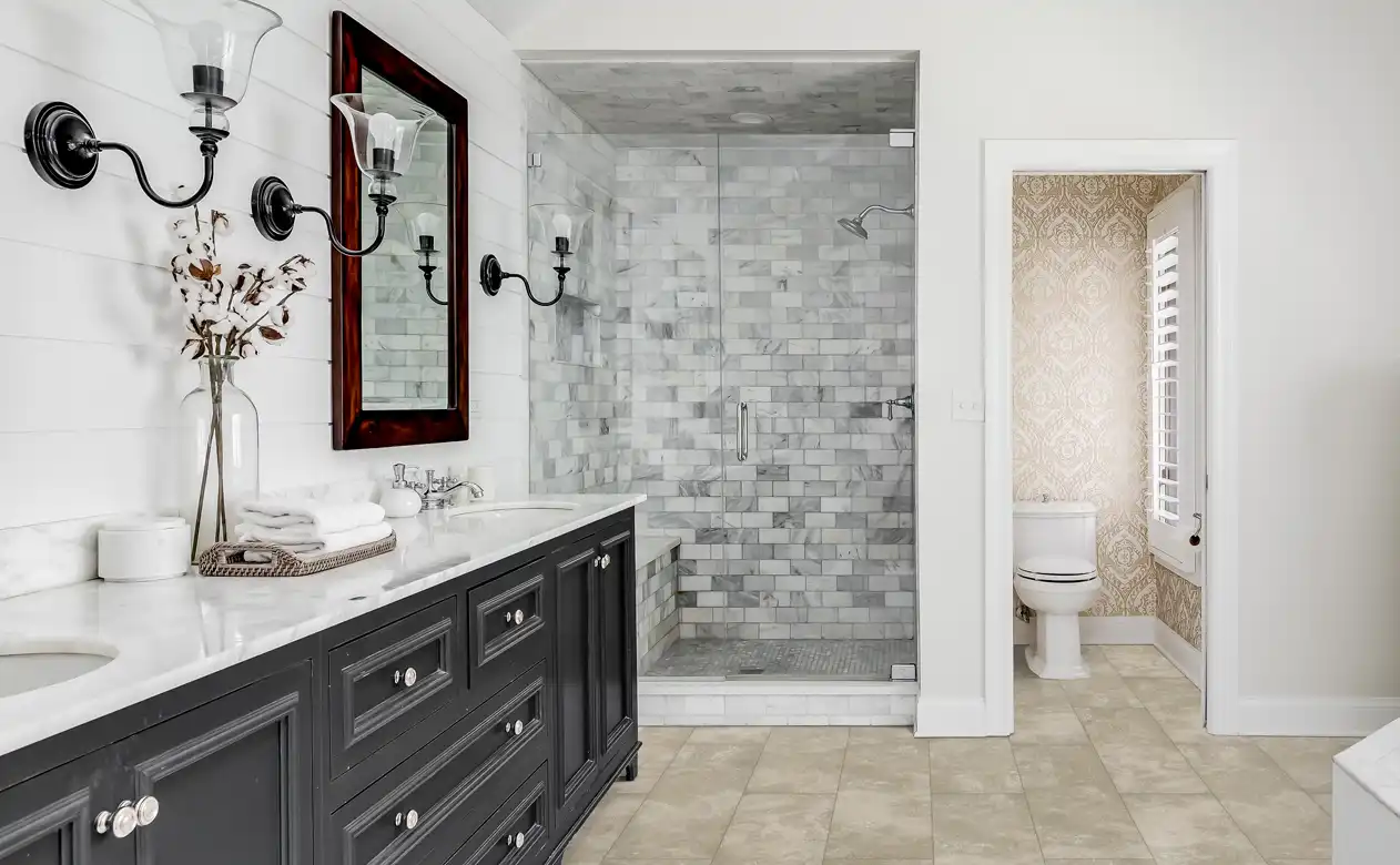 tile floors with tile shower in bath. 